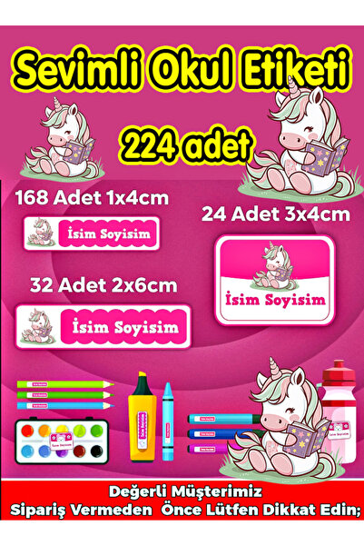 Demo Etiket Unicorn Seri Okul Etiketi Kalem Etiketi Defter Etiketi Kişiye Öze...