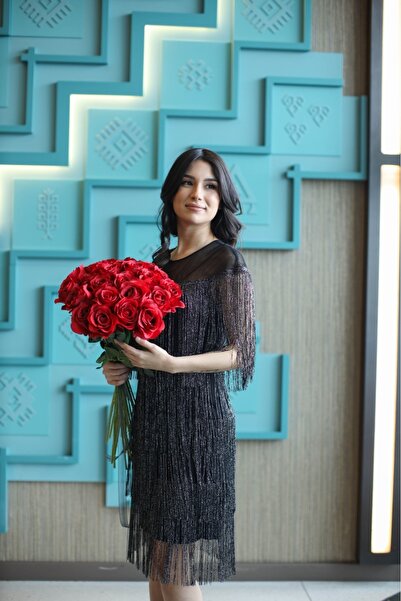 stargate Siyah Simli Püskül Detaylı Gece Elbisesi