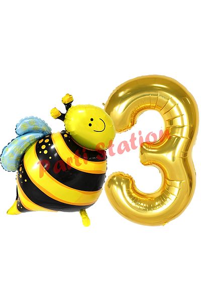 Parti Station Bee Bee Concept 3 Years Old Balloon Set Bee Balloon and Gold Number Balloon Birthday Balloon Set