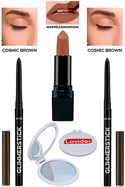 AVON Asansörlü Göz Kalemi Cosmic Brown 2'li + Marvellous Mocha Mat Ruj + Lovider Cep Aynası