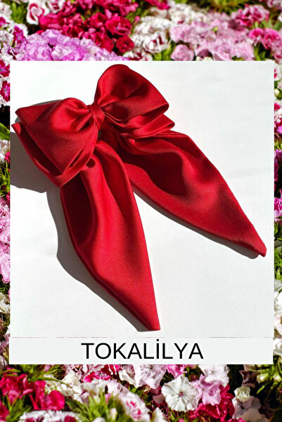 TOKALİLYA Kadın saten kırmızı büyük boy fiyonk otomatik klips toka