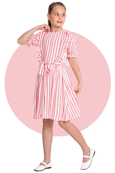 LuiKids فستان بناتي بأكمام قصيرة مع دانتيل على شكل فيونكة وحزام متنقل وتفاصيل...