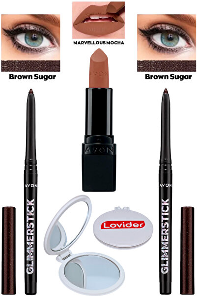 AVON Asansörlü Göz Kalemi Pırıltılı Brown Sugar 2'li + Marvellous Mocha Mat Ruj + Lovider Cep Aynası