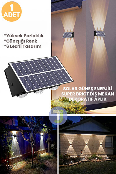 Technojet Solar Güneş Enerjili 6 Ledli Bahçe Aydınlatması Aplik Sarı Işık Led Lamba (1 Adet)