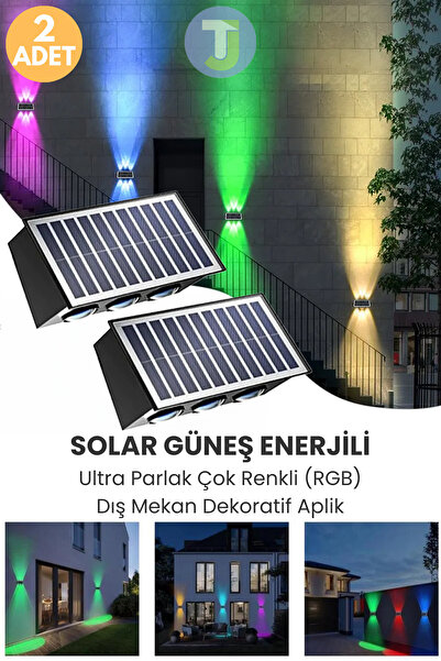 Technojet Solar Güneş Enerjili 6 Ledli Bahçe Aydınlatması Aplik Parlak RGB Işık Led Lamba (2 Adet)