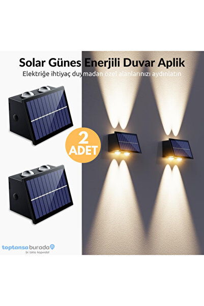 TechnoSmart 2Adet Güneş Enerjili Çift Taraflı 4 Ledli Aplik Sarı Işık Duvar L...