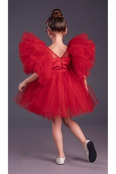 ABİYEKİDS Red Birthday Dress with Ruffled Sleeves Prom Show Outfit April 23 Children's Evening Dress ABY151