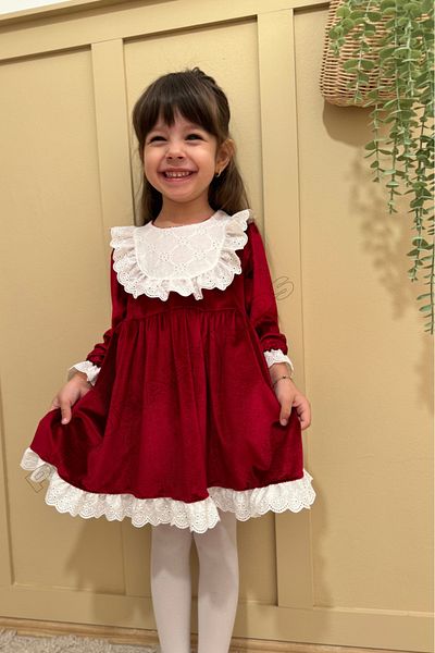 penu baby kids Burgundy Lace Long Sleeve Velvet Baby Girl Dress