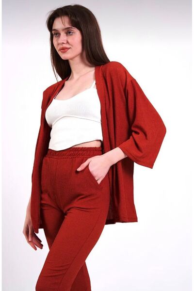PLA STORE Claret Red Kimono Top and Bottom Set