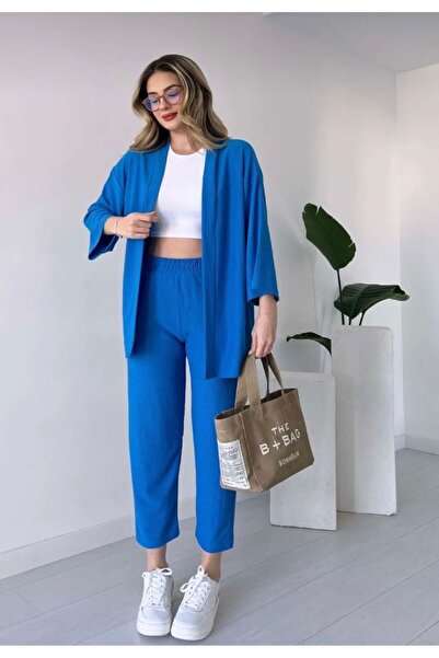 PLA STORE طقم كيمونو قطني أزرق من الأسفل والأعلى