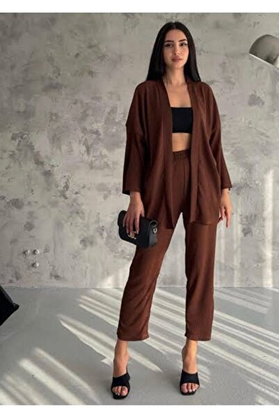 PLA STORE طقم كيمونو من النسيج القطني البني من الأسفل والأعلى