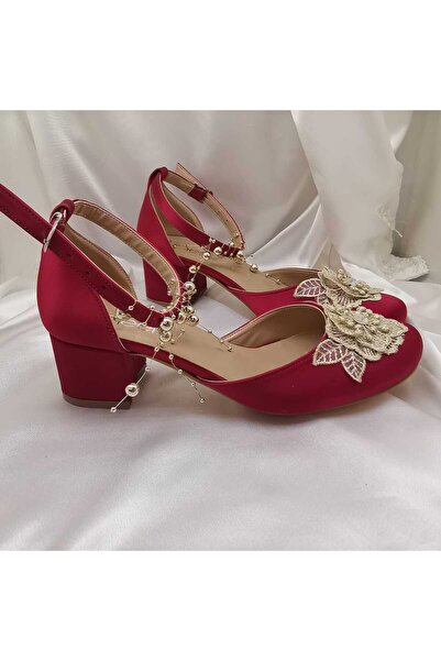 LİNEER Kadın Bordo Renk Dantelli Rahat 5 Cm Kalın Topuklu Abiye Kına Gelin Ayakkabısı