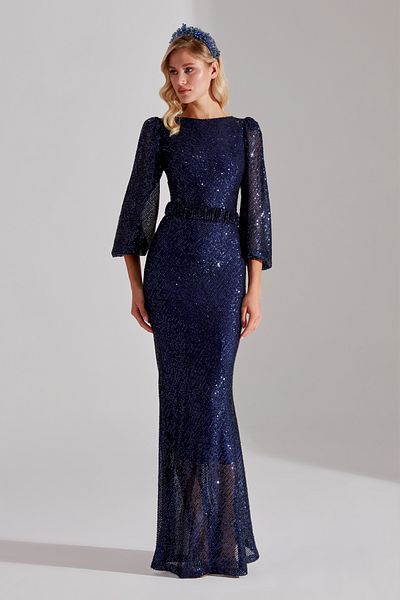 BETTY & SAM GRACE Glitzerndes, mit Pailletten besetztes DUNKELBLAUES Maxi-Abendkleid für Jungen mit Ballonärmeln