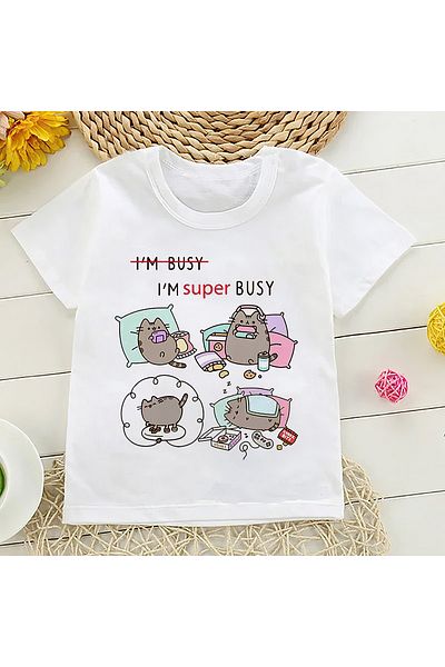 CACTUS COLLECTION Tricou de vară pentru copii cu imprimeu KAWAII BUSY CAT BUMBAC ALB