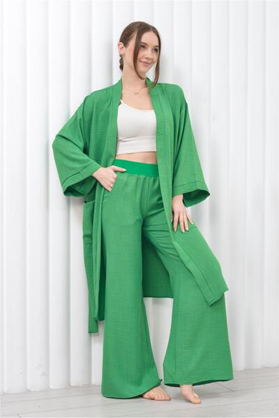 Nuseel Set dublu pentru femei, cu buzunare din in, cu centură, pantaloni lung...