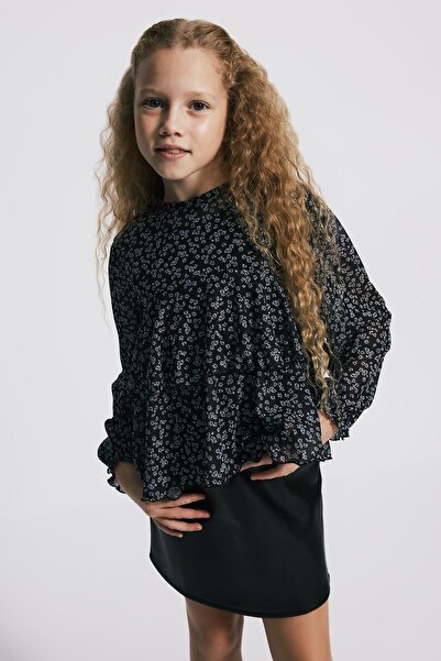 BABOKAH (Kids Girl) Çiçekli Frfırlı Tül Uzun Kol Üst