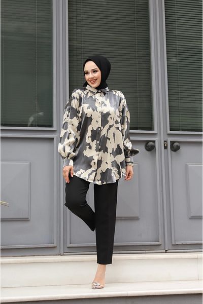 Tesettür Diyarı Cămașă oversize cu model jacquard pentru femei (lungime 80 cm) - antracit