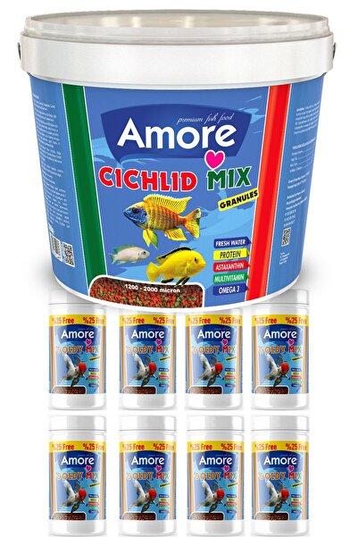 AMORE Malawi Ciklet Mix Granules Karışık 3kg Kova, Goldy Mix Granules 8 adet 125ml Kutu Japon Balığı Yemi