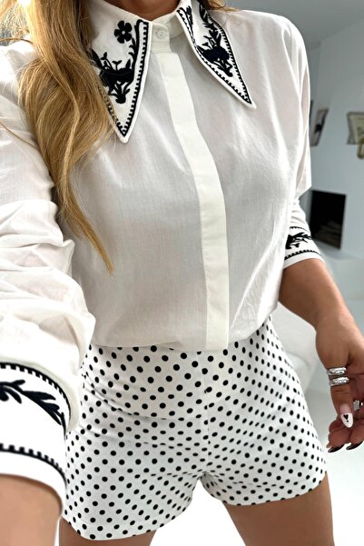 Sohotique By P Pointed Collar Embroidery Detailed Shirt Black-White