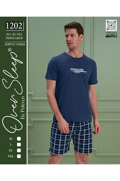Over Sleep by Poleren Σετ ανδρικές πιτζάμες με κοντομάνικο μπλουζάκι με μπλε σορτς
