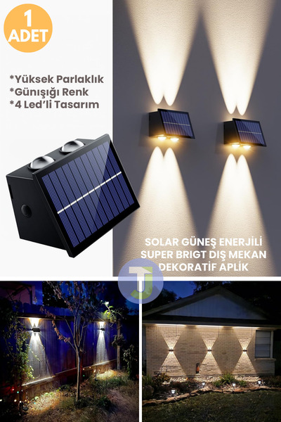 Technojet Solar Güneş Enerjili 4 Ledli Bahçe Aydınlatması Aplik Sarı Işık Led Lamba (1 Adet)