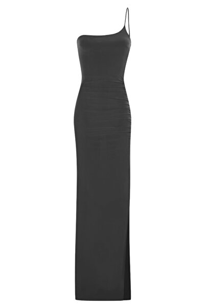 Whenever Company Siyah Tek Omuz İp Askılı Yandan Drapeli ve  Derin Yırtmaçlı  Uzun Abiye Elbise