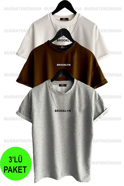 Buğraterzimoda Unisex Brooklyn Printed 3 Pack Brown-grey-white T-shirt