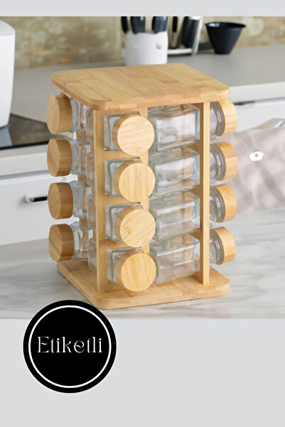 NEWNOW 17 Parça Bambu Döner standlı Baharat Takımı, Borosilikat Cam Etiketli