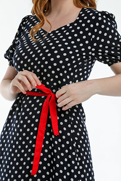 Pitti Women's Navy Blue White Polka Dot I Belted Mini Dress 51123