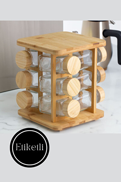 NEWNOW 13 Parça Bambu Döner standlı Baharat Takımı, Borosilikat Cam Etiketli