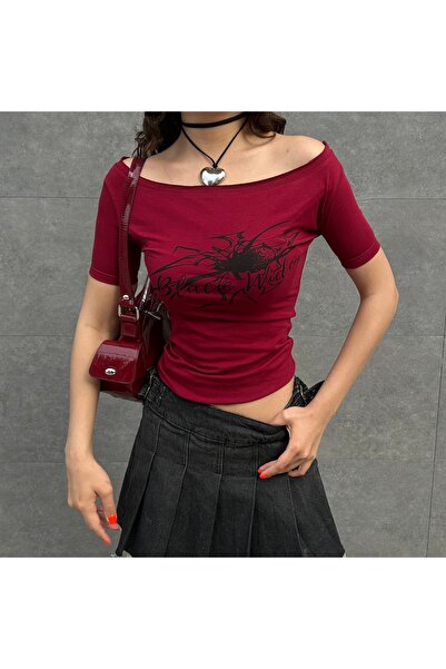 AtegeWear Bordo Black Widow Omuzu Açık Spider Kısa Kollu Crop