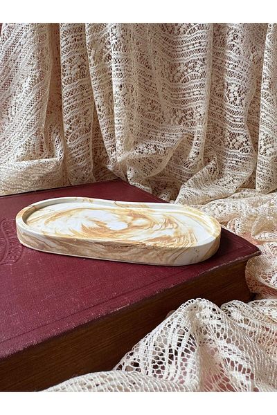 Çisem Brown Concrete Candle Jewelry and Flower Pot Base - Decorative Marble Look Oval Tray