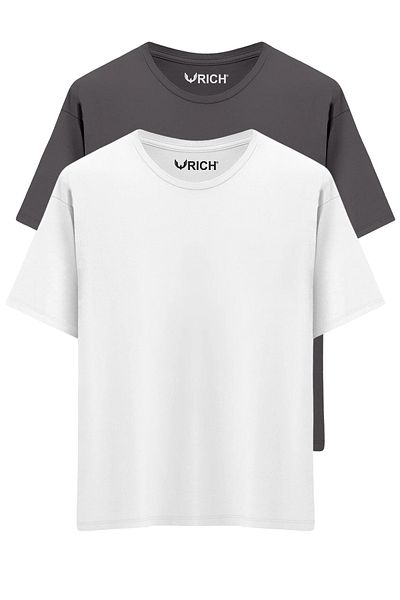 Rich Men's Pack of 2 100% Cotton Oversize T-Shirt Basic Crew Neck Short Sleeve T-Shirt