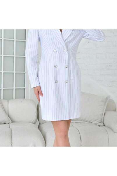 nodilife Çizgi Desenli Ceket Elbise Beyaz