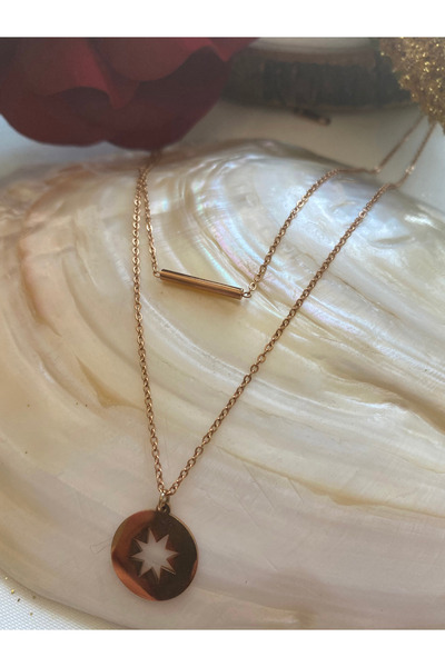 TAKBİ YILDIZ FİGÜRLÜ ROSE GOLD RENK İKİLİ ÇELİK KOLYE