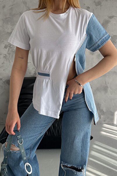 FEMELLE Tricou de damă din denim alb cu fermoar cu design