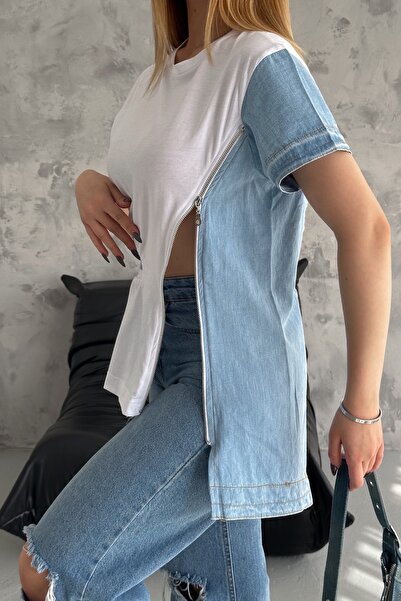 FEMELLE Tricou de damă din denim alb cu fermoar cu design