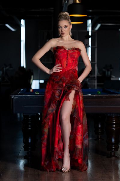 Abiyefon Strapless Coral Flounce Slit Long Evening Dress - ABU3360