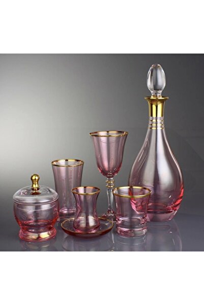 CNS HOME Gülru Gold Dekor Pembe Bardak Seti 62 Parça 12 Kişilik