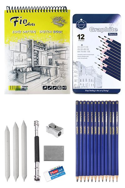 ACUTO Sketch Set A5 Notebook 90 Gr Graduated Pencil Set 12'Li Eraser Charcoal Drawing Pencil Set