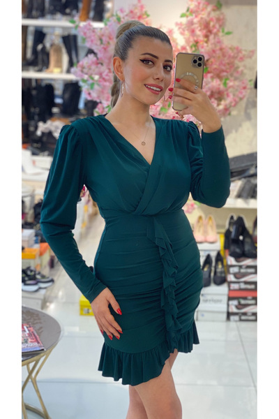 TUĞBALİ Kadın Volanlı Likralı Kruvaze Elbise