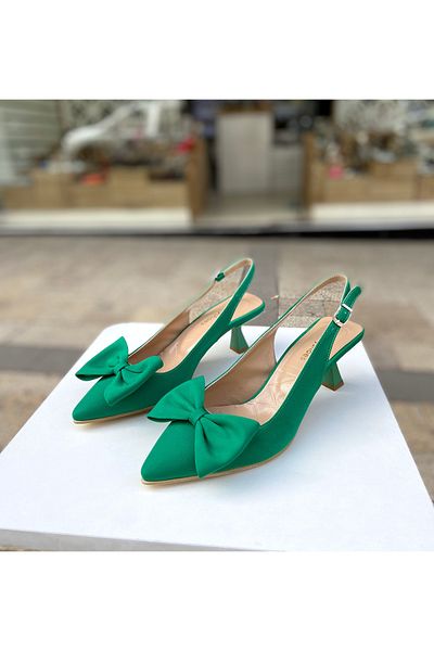 Gloriys Ayakkabı & Çanta Green Satin - 6 cm Bow Heeled Shoes 01050