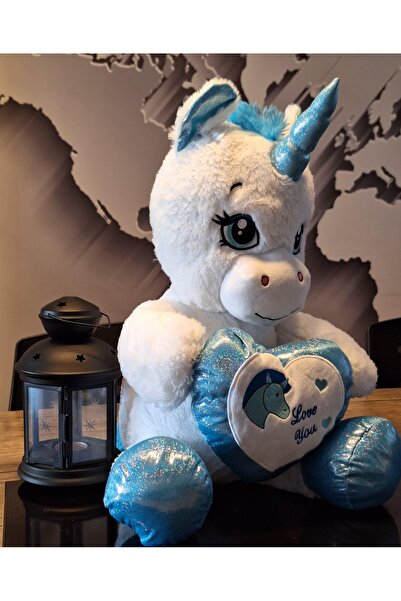 Genel Markalar Kalpli Boynuzlu Beyaz Mavi Peluş At 60cM