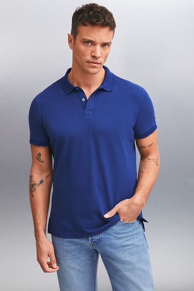 GRIMELANGE Tricou Tarnex pentru bărbați, 100% bumbac, cu mânecă scurtă, cu croiala normală, albastru bleumarin, cu gât polo