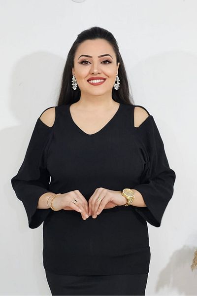 sinemisxxl Lycra Wrinkled Shoulder Detail Black Blouse