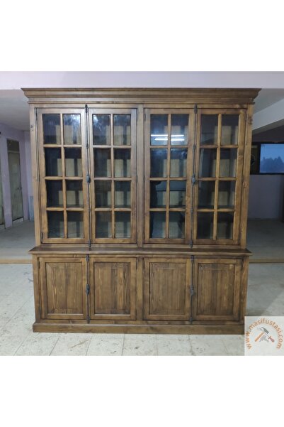 Masif Ustası Kastor Antik Ceviz Vitrinli Masif Ahşap Dolap