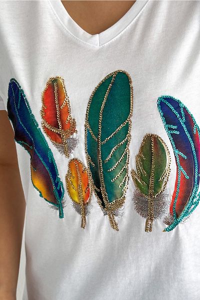 FEMELLE Women's White V-Neck Feather Sequin Sequin Embroidered Tassel 100% Cotton T-Shirt