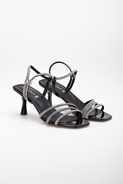 LİLLA Women's Thin Heeled Rhinestone Evening Dress Shoes Black Patent Leather