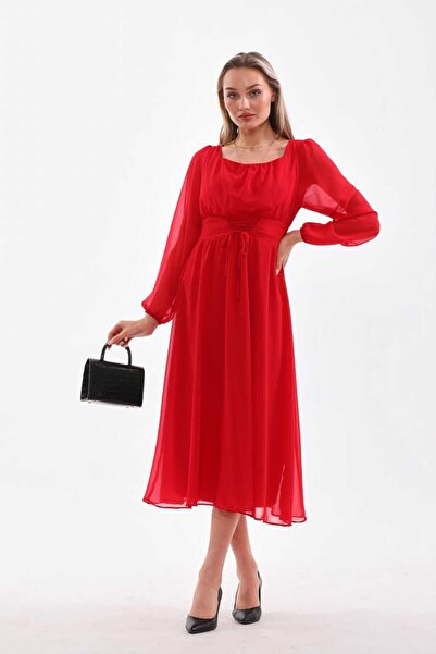 CİXAPLE Belden İp Bağcılıklı Düz Şifon Elbise