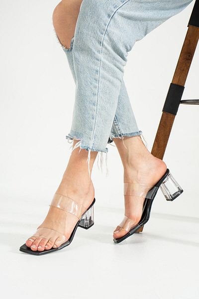 İnan Ayakkabı Women's Black Transparent Tape and Heeled Shoes (6 Cm Heel)